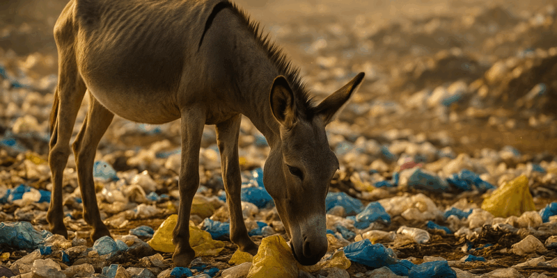 Pollution plastique : en Afrique, des ânes de travail meurent après ingestion de déchets ; coliques mortelles et microplastiques menaçant animaux et humains